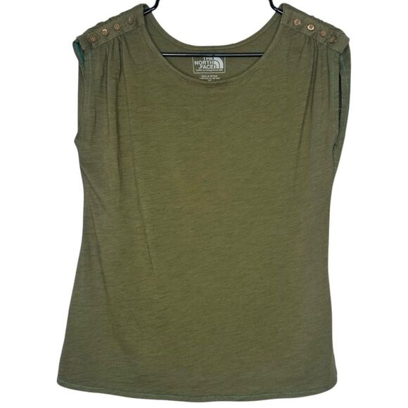 |EUC| NORTH FACE Short Sleeve Ruched Shoulder Button Accent Top - Picture 1 of 6
